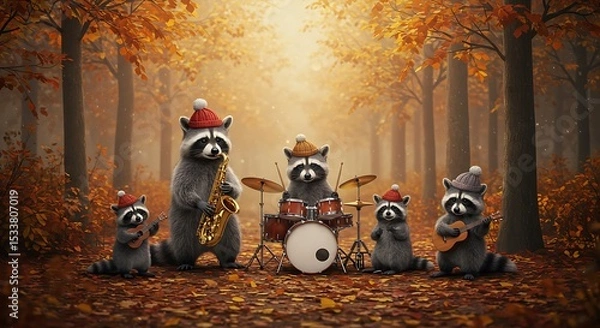 Fototapeta Autumnal Raccoon Band A whimsical illustration of raccoons playing instruments in a fall forest