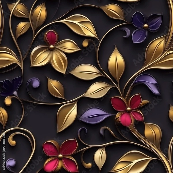 Fototapeta A luxurious seamless pattern of ornate 3D golden vines and leaves intertwined with vibrant red and purple metallic flowers against a dark, textured background, conveying opulence and intricate design.