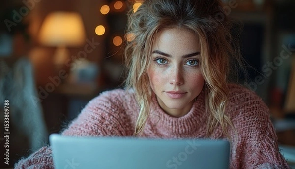 Obraz A Focused Woman Working on Her Laptop in a Comfortable and Cozy Atmosphere at Home