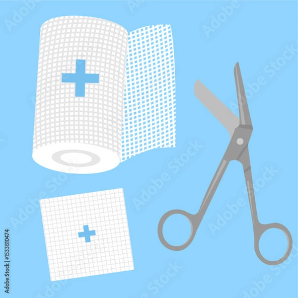 Obraz Wound care set includes several tools,
rolled bandage, gauze box, scissors,
used in doctor and emergency care,
flat medical design illustration.