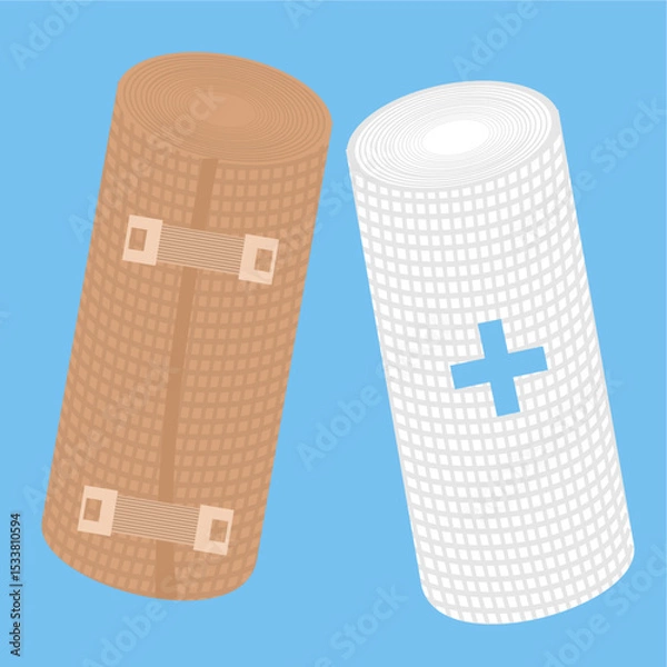 Obraz Two rolled bandages: brown and white,
elastic bandage and white gauze roll,
used for wounds and first aid,
doctor care, flat design style.