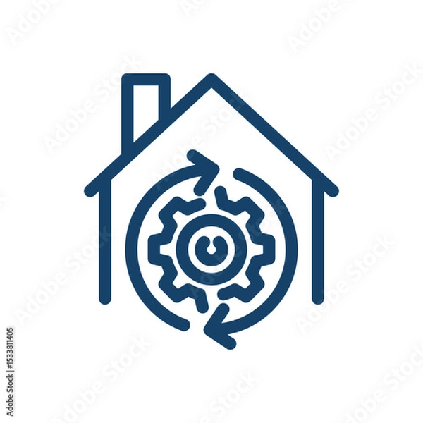 Fototapeta Smart home icon, line style symbol of connected house system, wireless automation and remote control, heating, security, convenience and energy saving flat vector illustration.