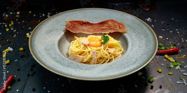 Fototapeta close up of a plate of pasta carbonara with a slice of bacon 