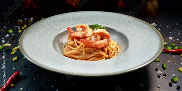 Fototapeta close up of a plate of pasta with shrimp inside