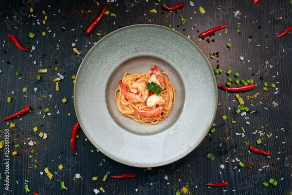 Fototapeta close up of a plate of pasta with shrimp inside