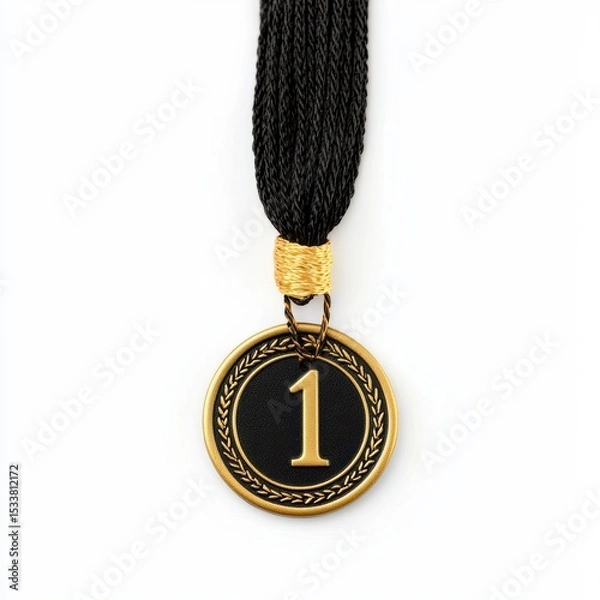 Obraz Close up view of a gold medal with a black ribbon, showing the number "1". The medal represents achievement