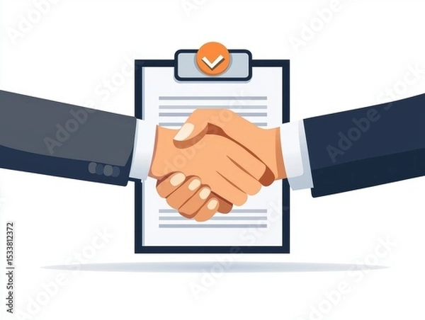 Obraz Business deal illustration with handshake in front of clipboard, isolated on white background