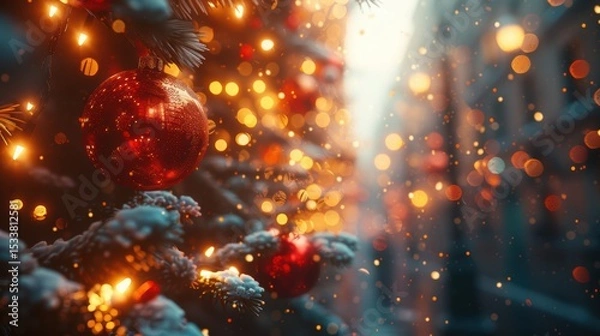 Obraz A Beautiful Christmas Tree Decorated with Snow and Twinkling Lights, Radiating Holiday Joy