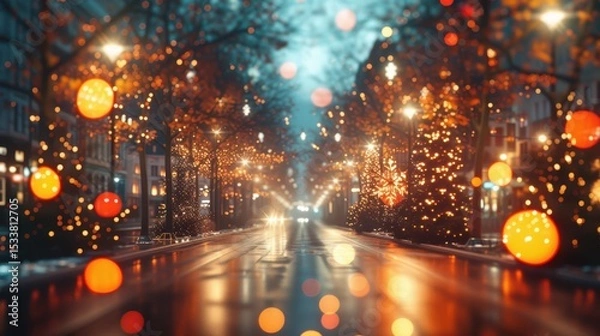 Obraz A charming enchanting evening street adorned with colorful festive lights and beautiful reflections