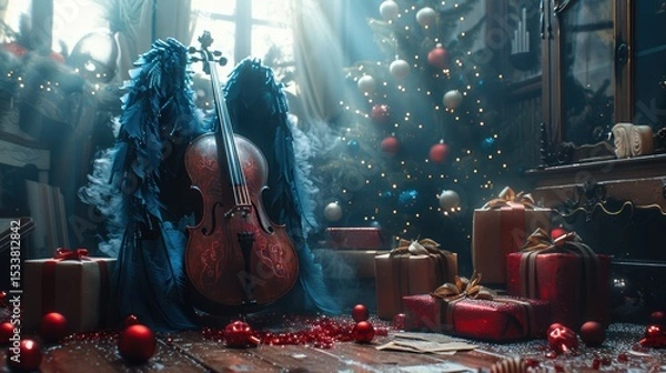 Obraz A Magical Christmas Scene filled with Cello Music and Beautiful Festive Decorations Galore