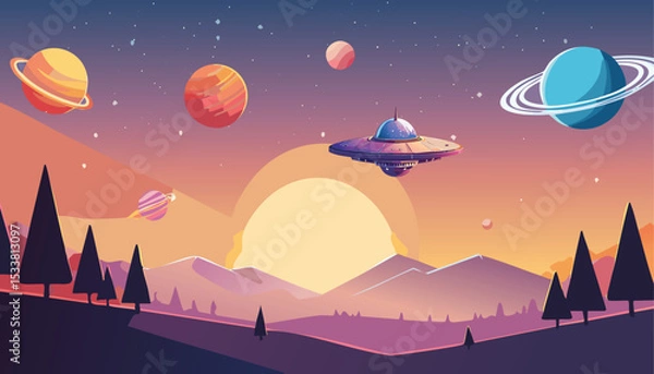 Fototapeta A cosmic landscape with stars, planets and a starship