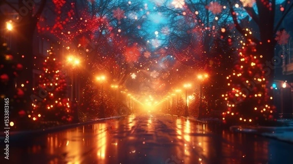 Obraz An enchanting Christmas street adorned with beautiful festive lights and delightful decorations