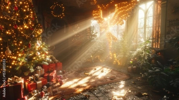 Obraz A Magical Christmas Scene Illuminated by Soft and Warm Light, Creating a Cozy Atmosphere
