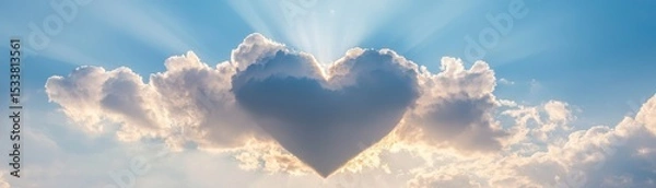 Obraz A heart-shaped cloud in the sky, radiating love and warmth. The soft, fluffy clouds are illuminated by the sun's rays, creating a dreamy and romantic atmosphere.