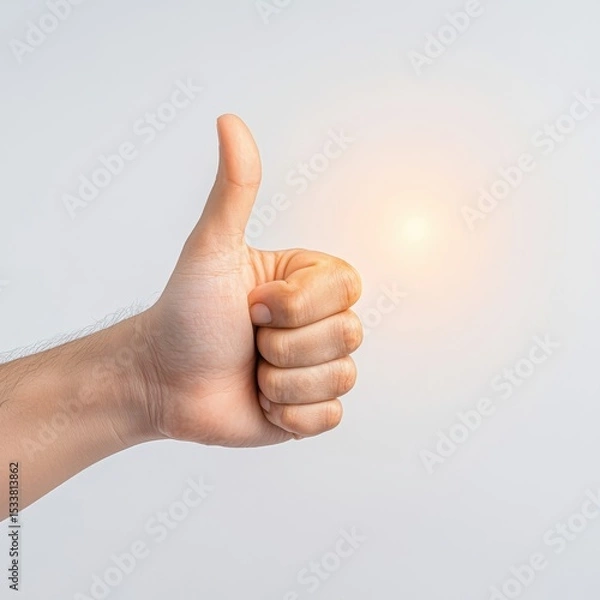 Obraz A hand giving a thumbs-up gesture, perfect for conveying approval, agreement, or positivity. The hand is well-lit, with a bright light in the background. 