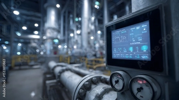 Fototapeta Smart refinery control interface with blinking valves and flow rate meters