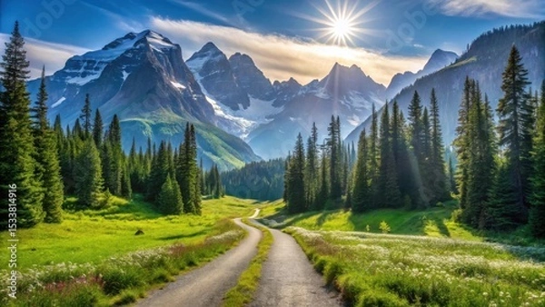 Obraz Scenic Winding Road Through Lush Alpine Meadow Towards Majestic Snow-Capped Mountains at Sunrise