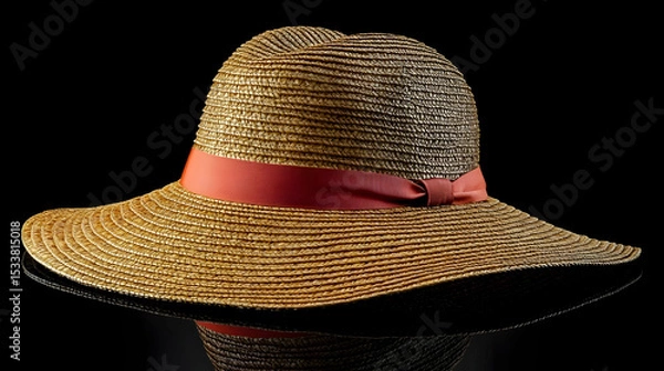 Fototapeta Elegant Straw Boater Hat with Coral Ribbon - 3D Render