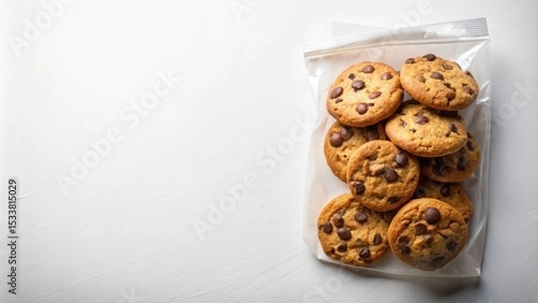 Obraz A stack of delicious chocolate chip cookies in a clear resealable bag on a white surface