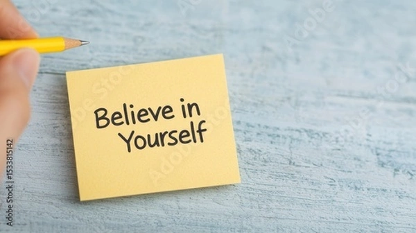 Obraz Believe in Yourself sticky note reminder.  A yellow sticky note with the inspirational message "Believe in Yourself" written on it. A hand holds a pencil nearby.