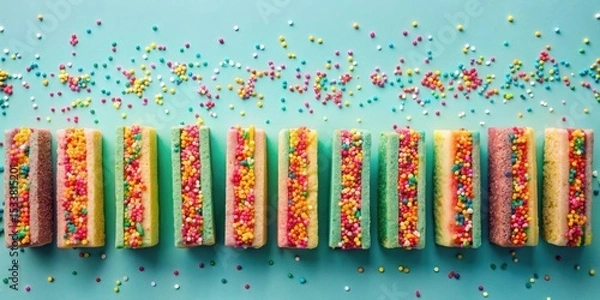 Obraz A vibrant row of colorful layered sweet treats, generously sprinkled with tiny candies, arranged on a pastel background.