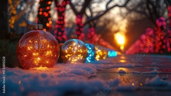 Obraz Festive Ornaments Beautifully Displayed Against a Scenic Winter Sunset in the Evening