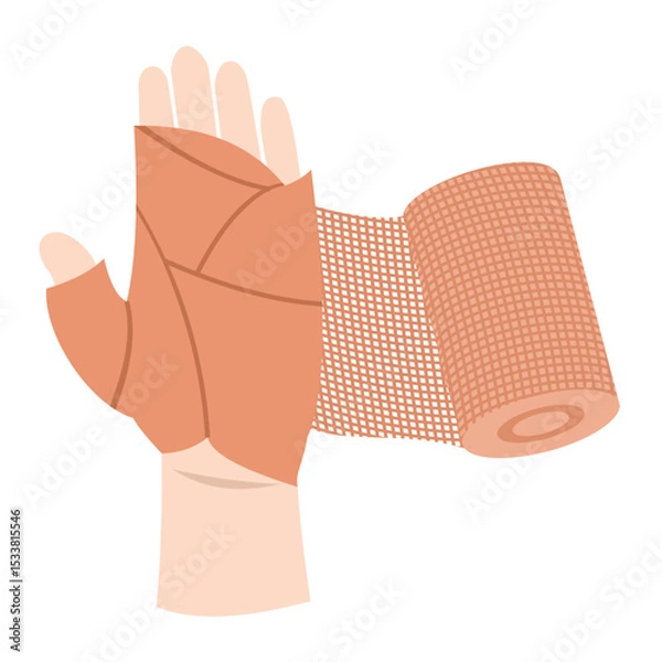 Obraz Illustration of hand wrapped in bandage,
brown roll wound around patient’s hand,
used in doctor and emergency care,
flat medical design for aid.
