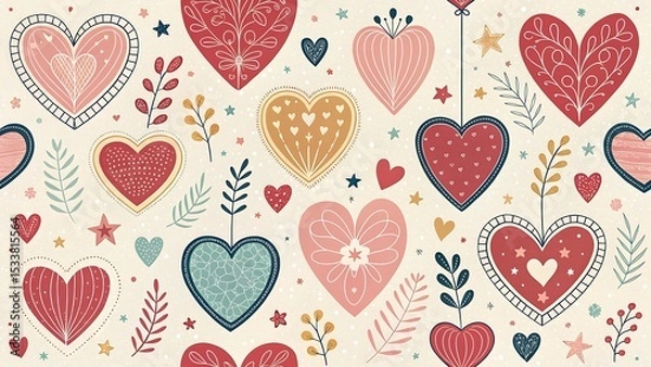 Fototapeta Hand drawn heart shape holiday background with abstract hearts. Seamless light pattern