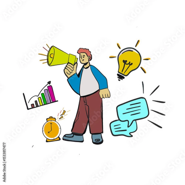 Fototapeta  Modern Vector Illustration of a Man with Megaphone Surrounded by Business and Communication 