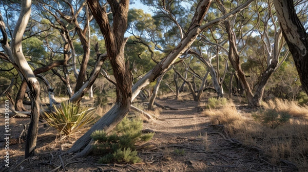 Fototapeta Serene trail meanders through grove of unique trees, their twisted branches creating natural canopy. Sunlight filters through leaves, casting gentle shadows on earthy path, inviting exploration