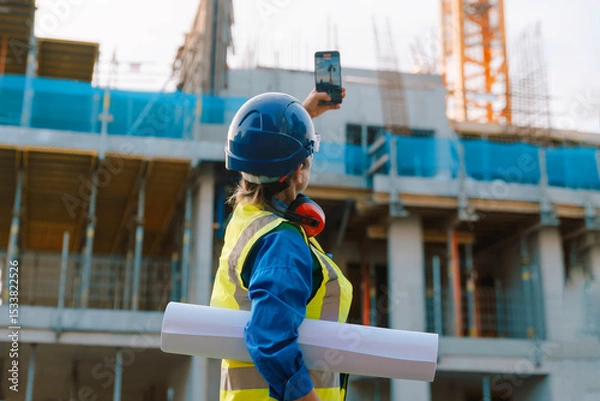 Obraz Female construction worker checks plans on site while managing project progress in urban setting