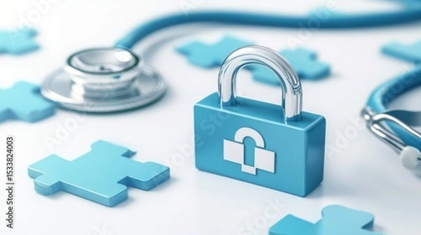 Fototapeta Medical security, healthcare data protection, secure patient records,  puzzle pieces, stethoscope, 