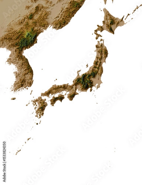 Obraz Colored terrain map of Northeast Asia (Japanese archipelago, korean peninsula, Sea of Japan, EQDC projection)