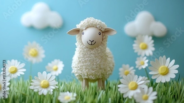 Fototapeta Cute sheep figurine in a daisy field.