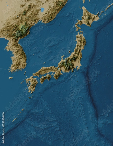 Obraz Northeast Asia map of land and ocean floor terrain with blended colors and satellite imagery (Japanese archipelago, korean peninsula, Sea of Japan, EQDC projection)