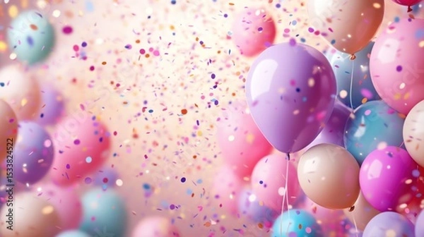 Fototapeta Colorful balloons and confetti fill the air, creating a festive and celebratory atmosphere.