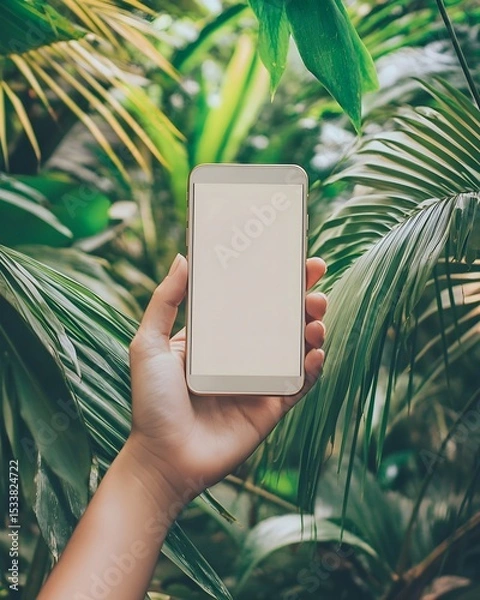 Obraz Smartphone Mockup Held by Hand in Lush Tropical Jungle with Palm Leaves
