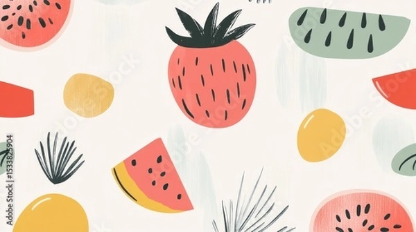 Fototapeta Abstract fruit pattern with watermelon, strawberry, and slices on a white background.