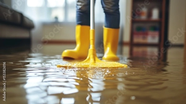 Fototapeta Person cleaning flooded floor with yellow mop and boots.