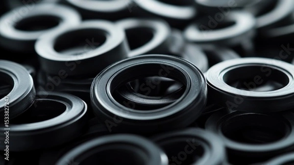 Fototapeta Close-up view of many dark gray or black circular rubber or plastic seals, gaskets, or o-rings stacked tightly together.