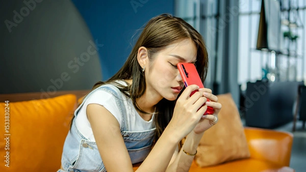 Fototapeta Worried young asian woman holding phone feeling jealousy anxiety waiting for mobile call sit alone at home, thoughtful stressed doubtful lady looking at smartphone thinking of cheating boyfriend