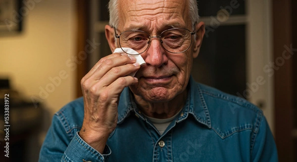 Obraz Elderly man wiping tears while sitting indoors in a cozy environment  