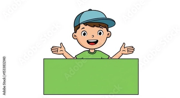 Obraz Happy boy with outstretched arms in front of blank green sign  