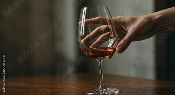 Obraz Hand reaching for wine glass on wooden table in dimly lit setting  
