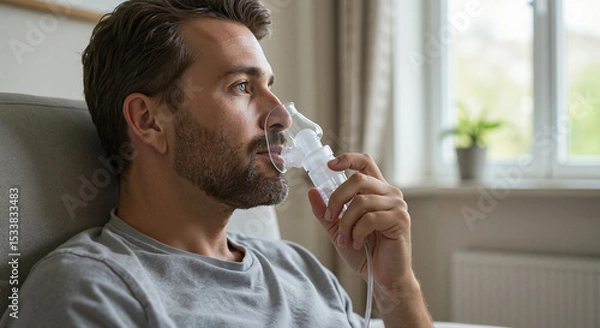 Obraz Man using nebulizer while relaxing at home on a cozy sofa  