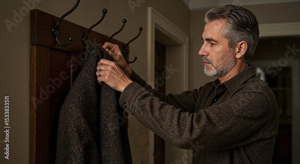 Obraz Mature man hanging coat on hook by the front door at home  