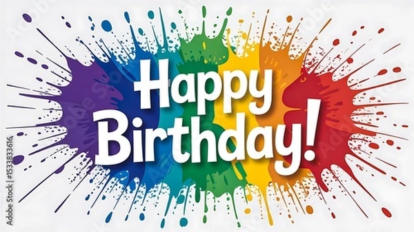 Fototapeta Happy birthday text with colorful paint splash on white background illustration
