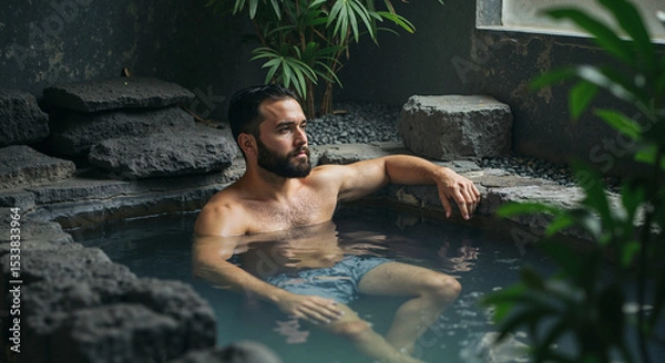 Obraz Man relaxing in mineral water bath surrounded by plants indoors  