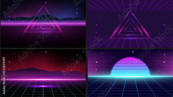 Fototapeta Colorful retro 80s and 90s futuristic background bundle design. Neon gradient synthwave and cyberpunk style textures.