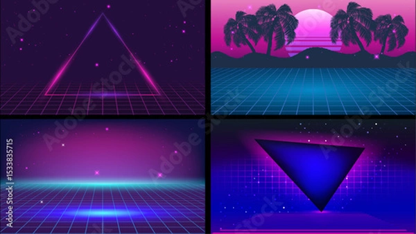 Fototapeta Retro 80s and 90s neon synthwave background bundle design. Vintage vaporwave aesthetic background design with futuristic grid, chrome, and laser effects. 